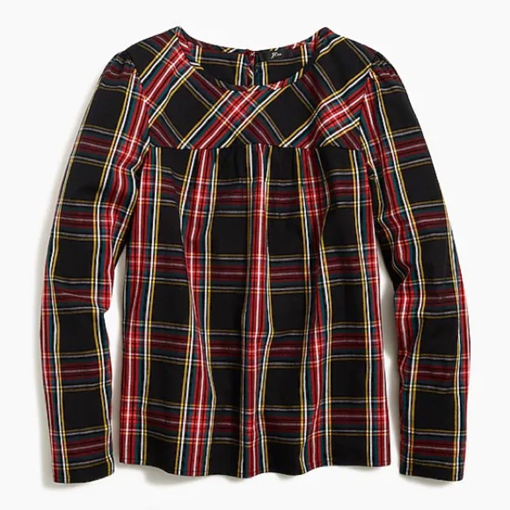 Never worn! J. Crew Factory Tartan Puff-Sleeve Top in Stretch Poplin